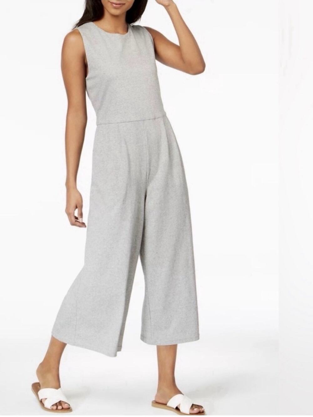 Eileen Fisher Moon Organic Cotton Wide-Leg Cropped Jumpsuit Gray Boho Medium T21